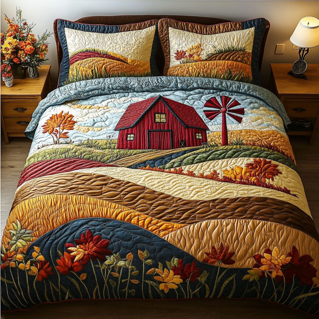 Harvest Scene quilted 3-piece bedding set on a made bed with two matching pillow shams
