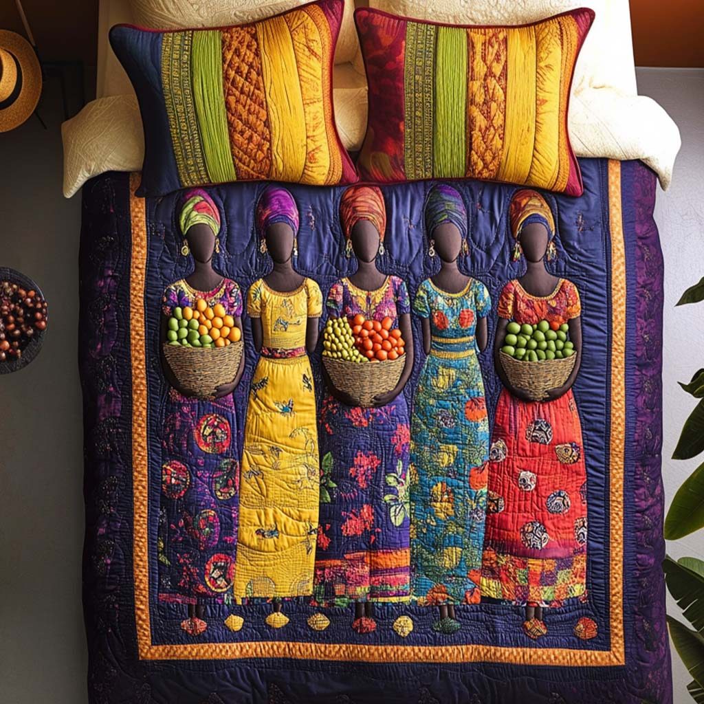 Harvest Sisters quilted 3-piece bedding set on a made bed with two matching pillow shams