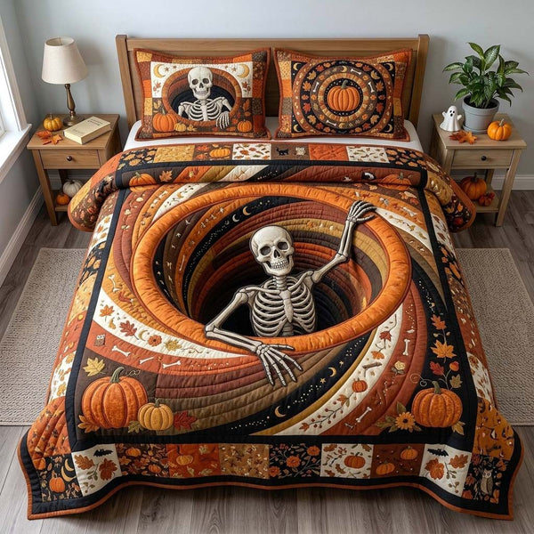 Harvest Skeleton quilted 3-piece bedding set on a made bed against a dark styled interior