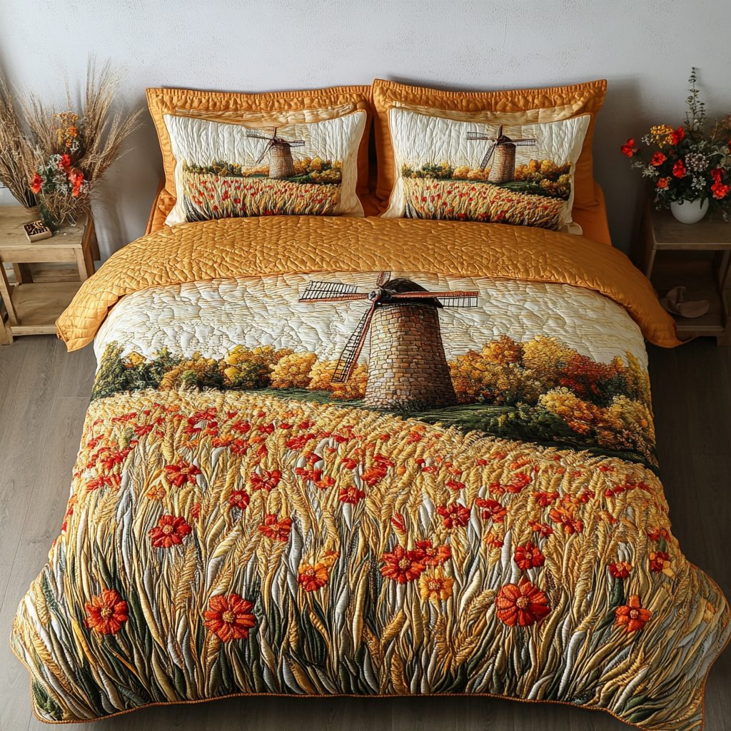 Harvest Sleep quilted 3-piece bedding set on a made bed with two matching pillow shams