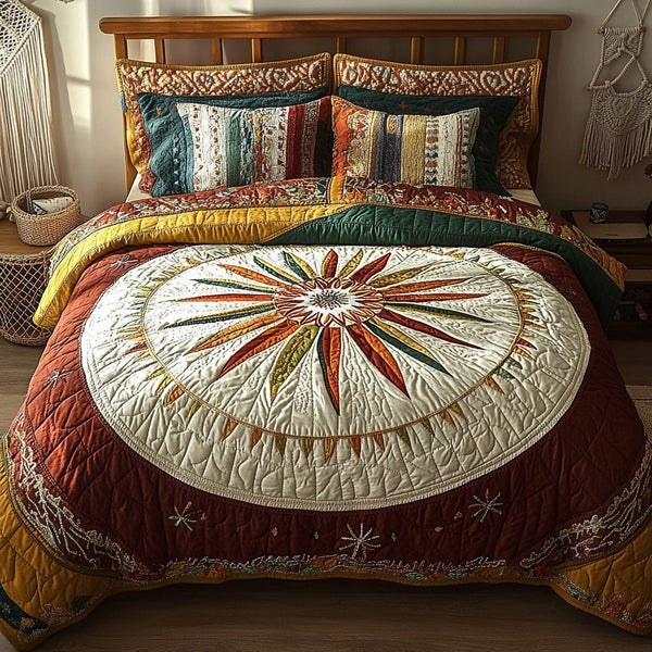 Harvest Sun quilted 3-piece bedding set on a made bed with two matching pillow shams