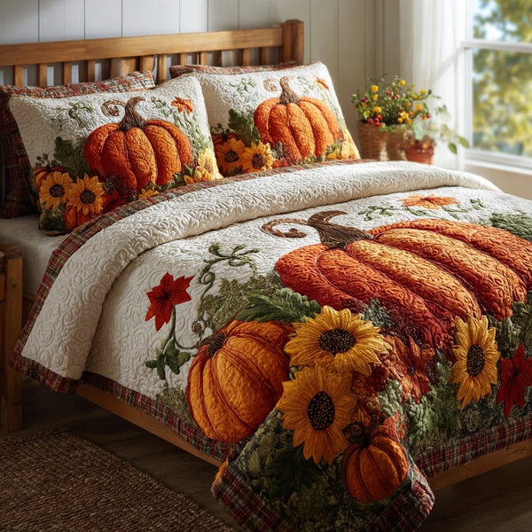 Harvest Sunflower Meadow quilted 3-piece bedding set on a made bed with two matching pillow shams