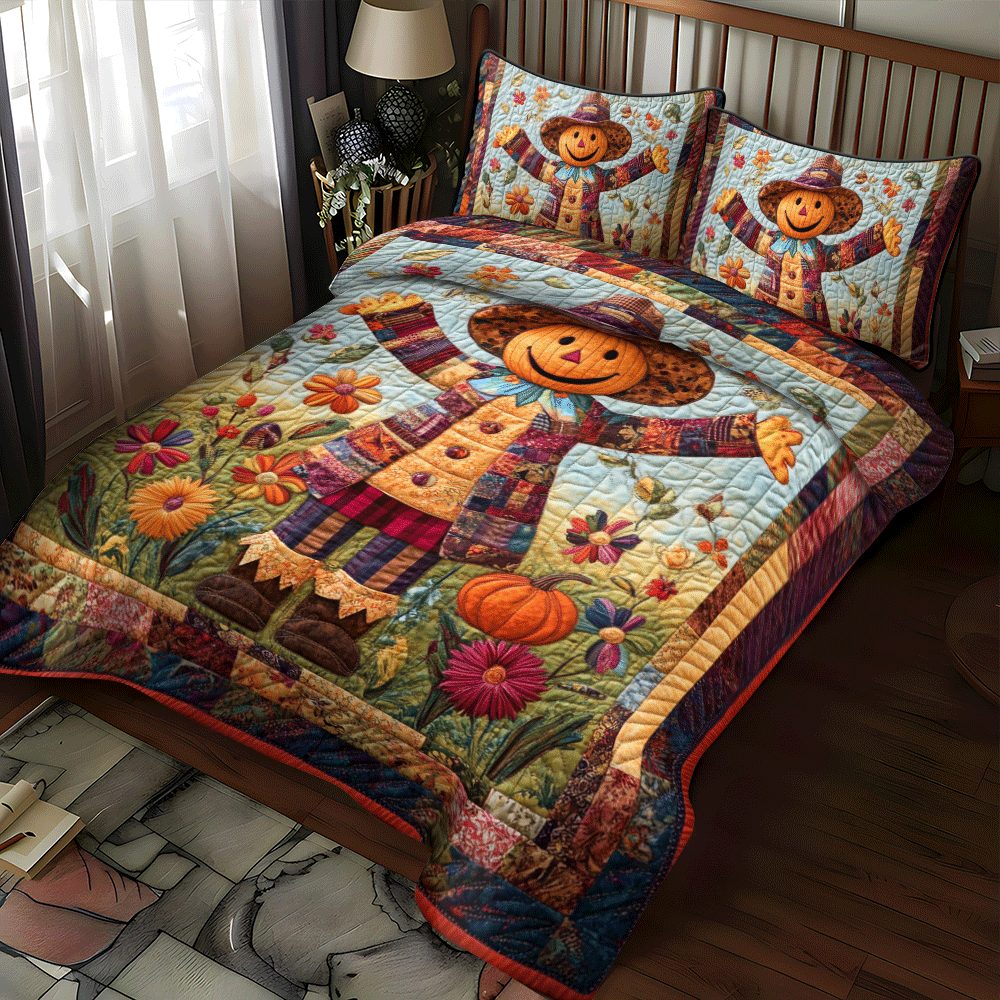 Harvest Time Scarecrow quilted 3-piece bedding set on a made bed with two matching pillow shams