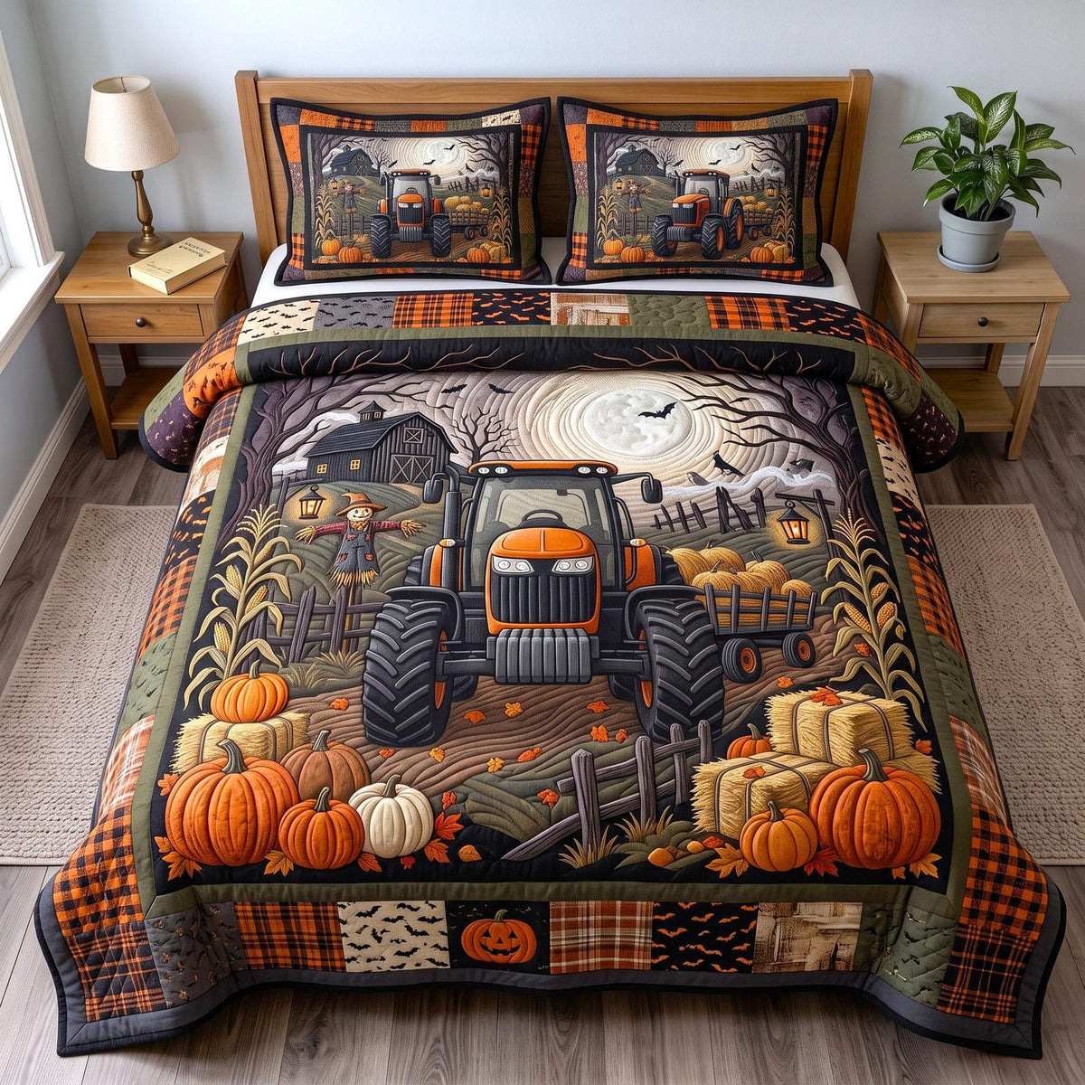 Harvest Tractor quilted 3-piece bedding set on a made bed with two matching pillow shams