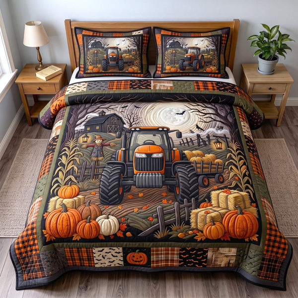 Harvest Tractor quilted 3-piece bedding set on a made bed with two matching pillow shams