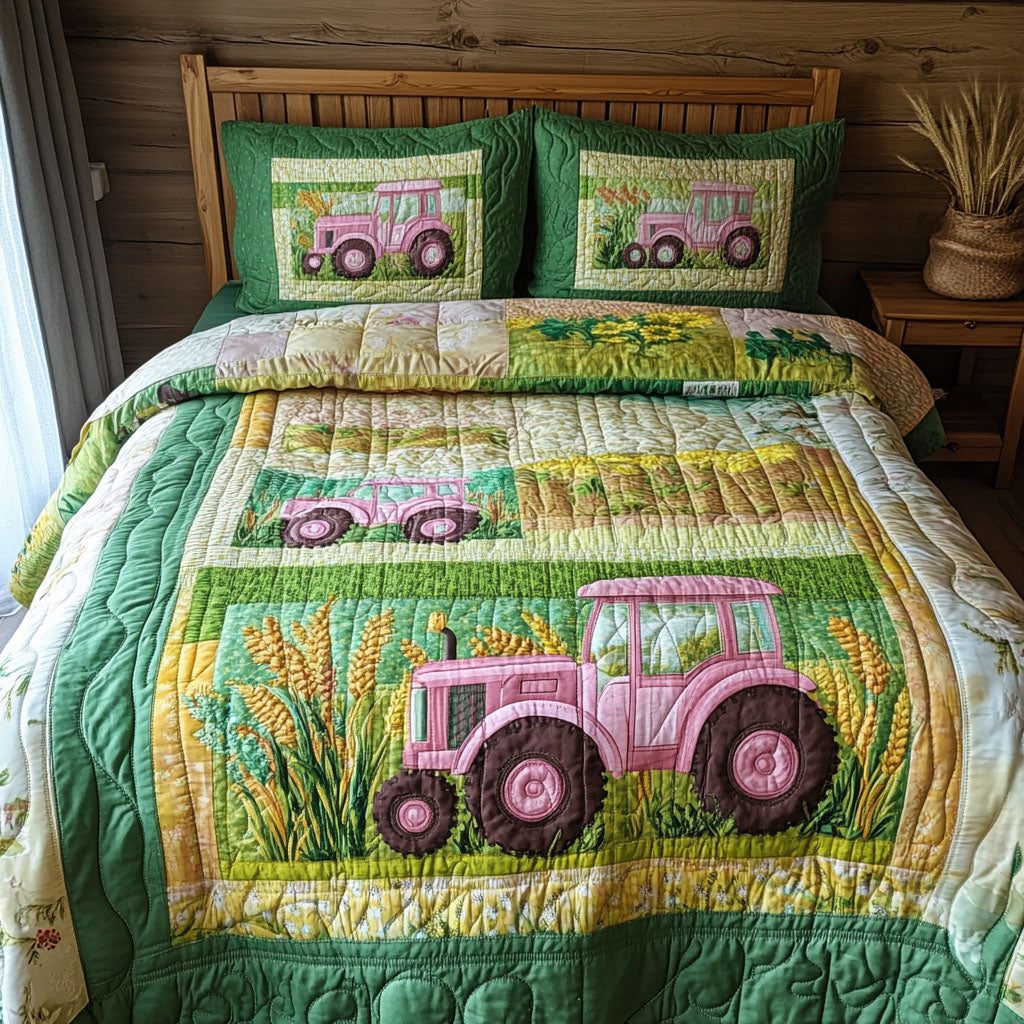 Harvest Tractor quilted 3-piece bedding set on a made bed with two matching pillow shams