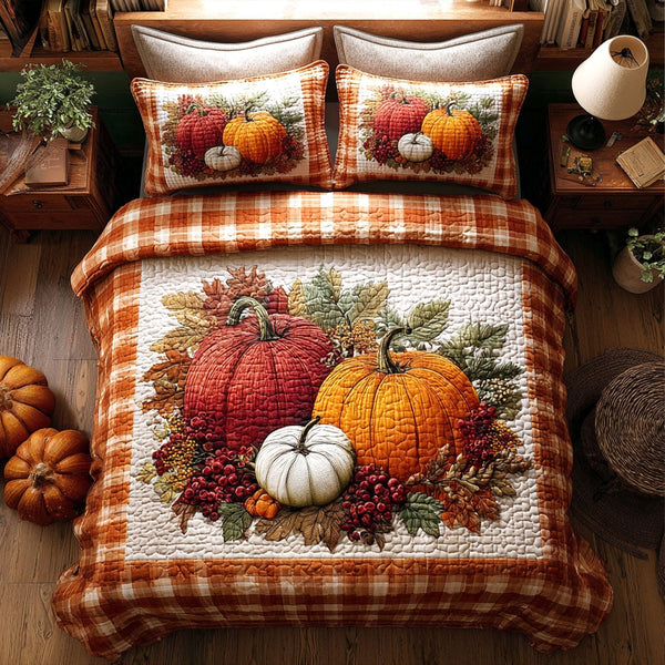 Harvest Trio quilted 3-piece bedding set on a made bed with two matching pillow shams