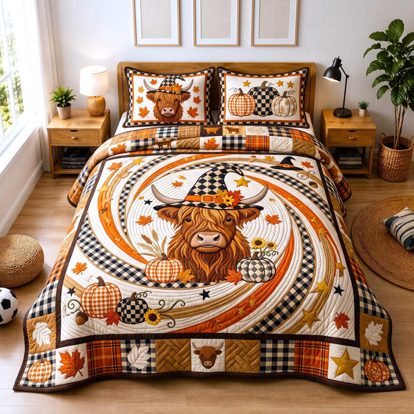Harvest Vibes quilted 3-piece bedding set on a made bed with two matching pillow shams