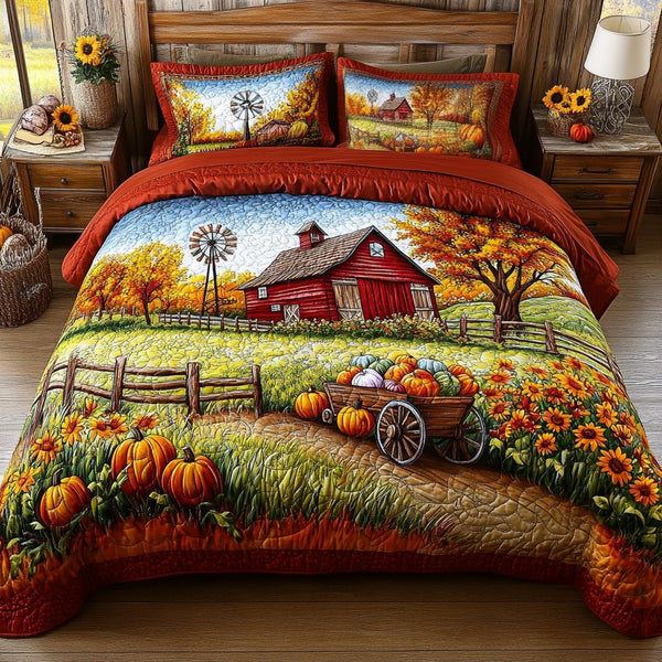 Harvest Windmill quilted 3-piece bedding set on a made bed with two matching pillow shams