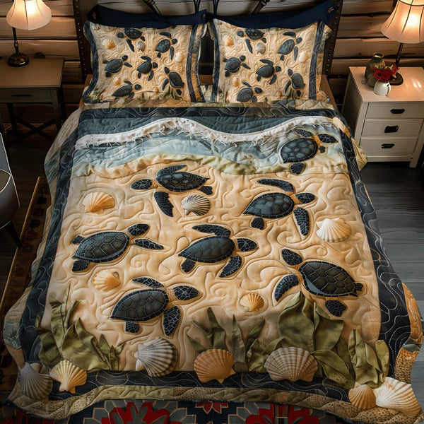 Hatchling Escape quilted 3-piece bedding set on a made bed with two matching pillow shams