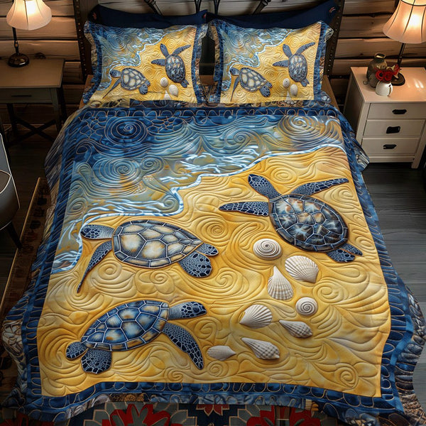 Hatchling Journey quilted 3-piece bedding set on a made bed with two matching pillow shams