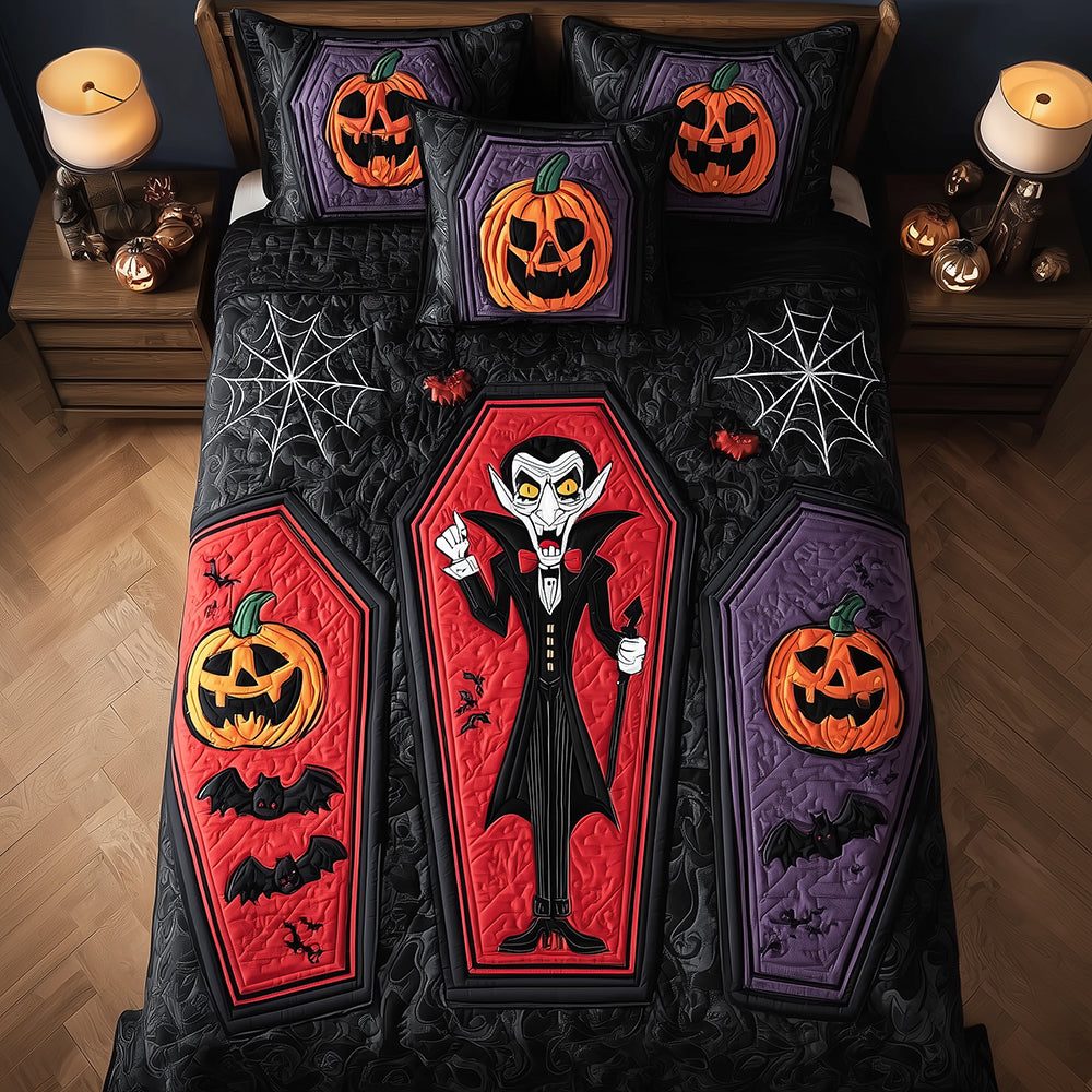 Haunted Bedtime quilted 3-piece bedding set on a made bed against a dark styled interior