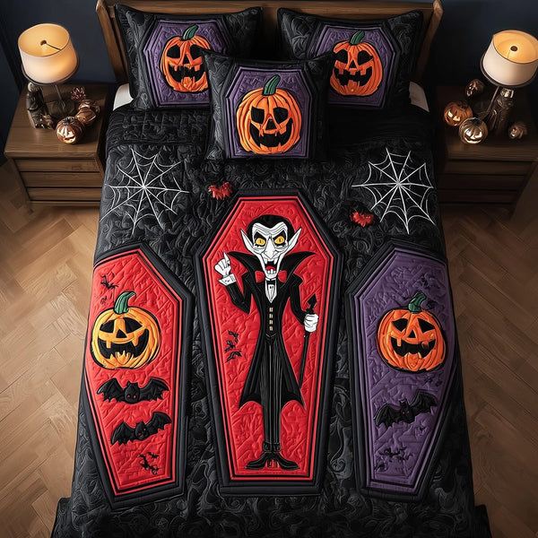 Haunted Bedtime quilted 3-piece bedding set on a made bed against a dark styled interior