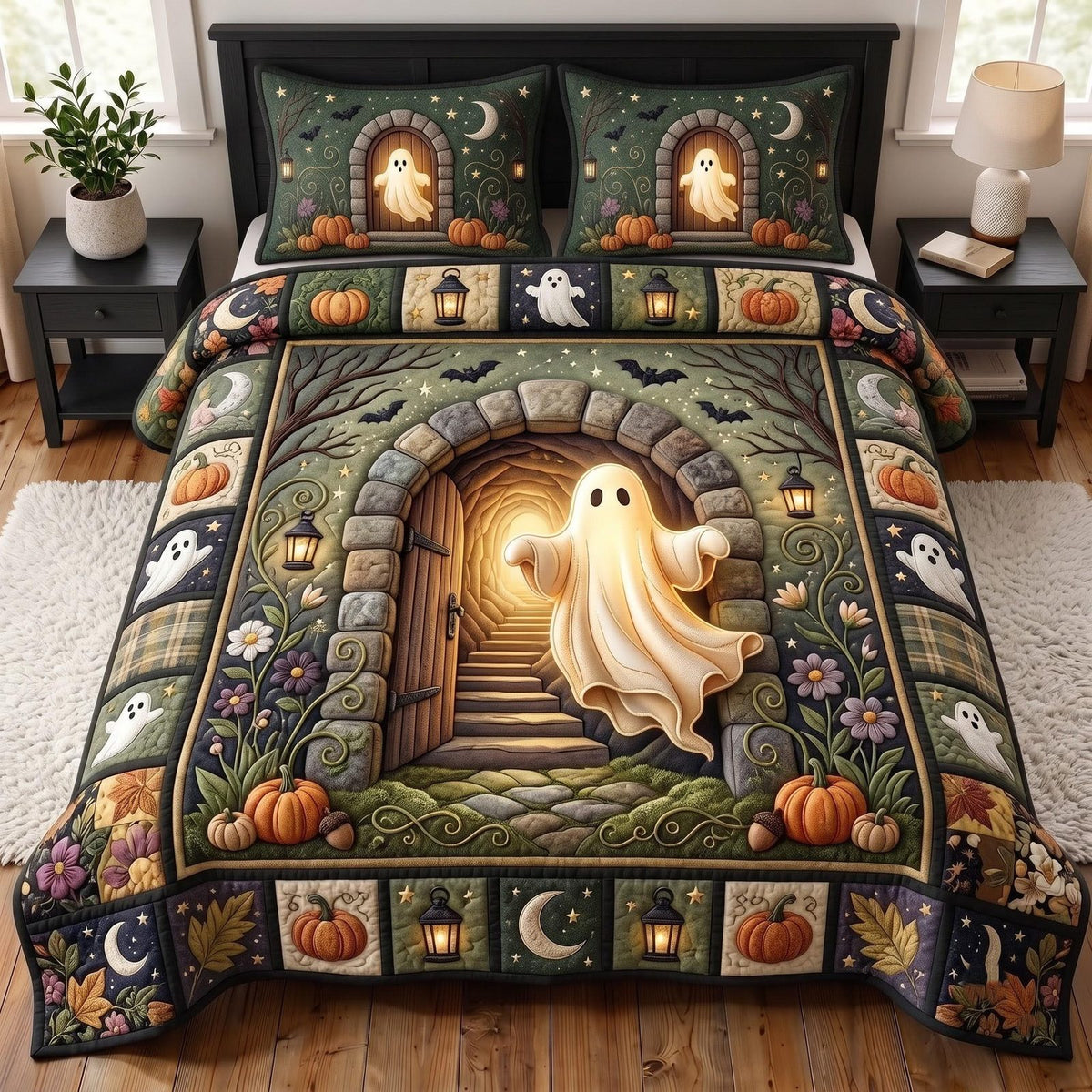 Haunted Cabin quilted 3-piece bedding set on a made bed against a dark styled interior