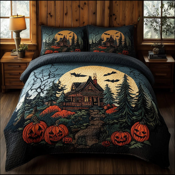 Haunted Cabin quilted 3-piece bedding set on a made bed against a dark styled interior