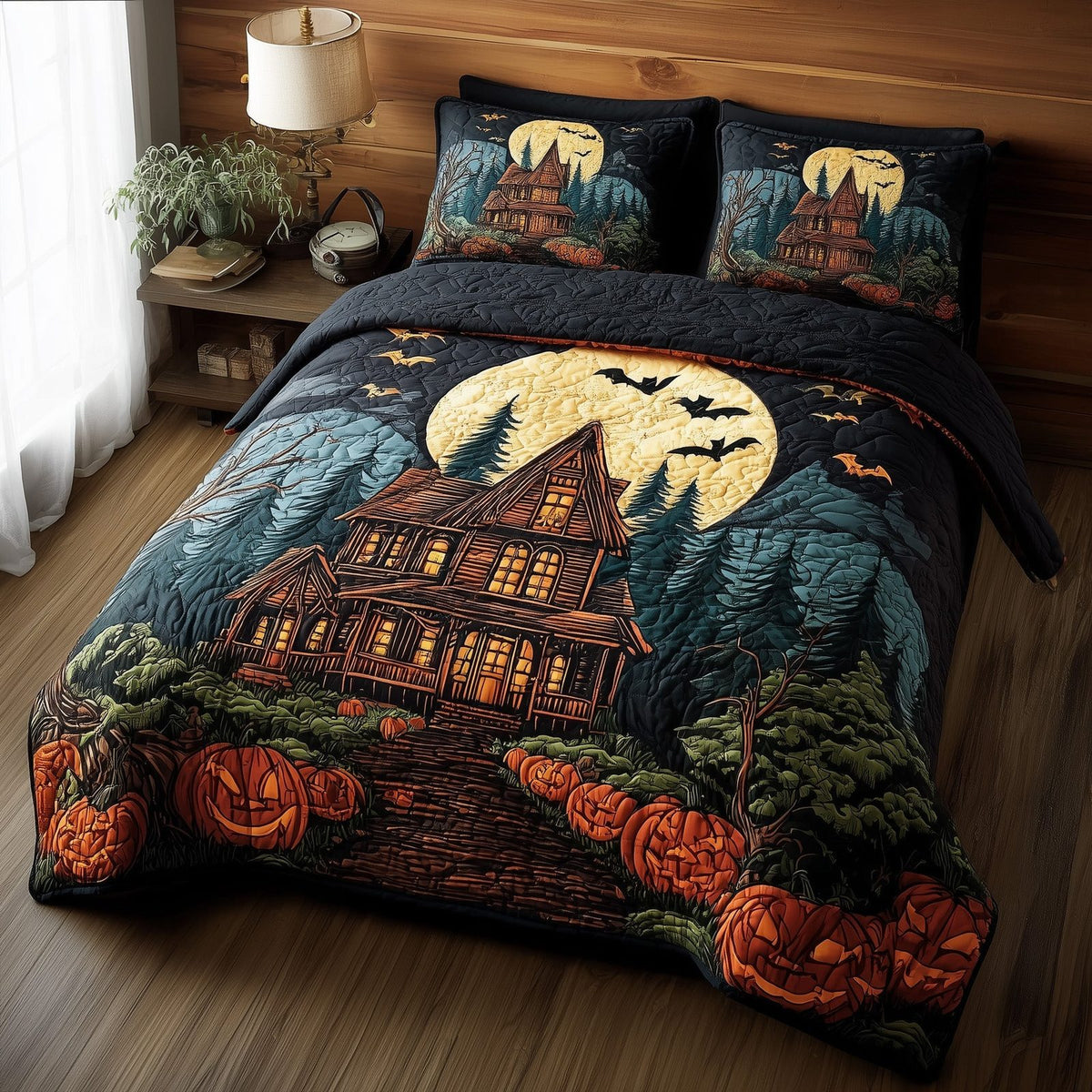 Haunted Cabin quilted 3-piece bedding set on a made bed against a dark styled interior