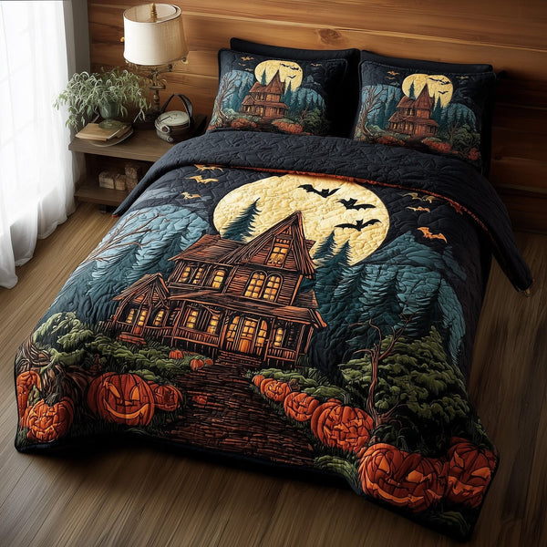 Haunted Cabin quilted 3-piece bedding set on a made bed against a dark styled interior
