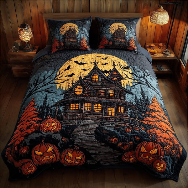 Haunted Cabin quilted 3-piece bedding set on a made bed against a dark styled interior