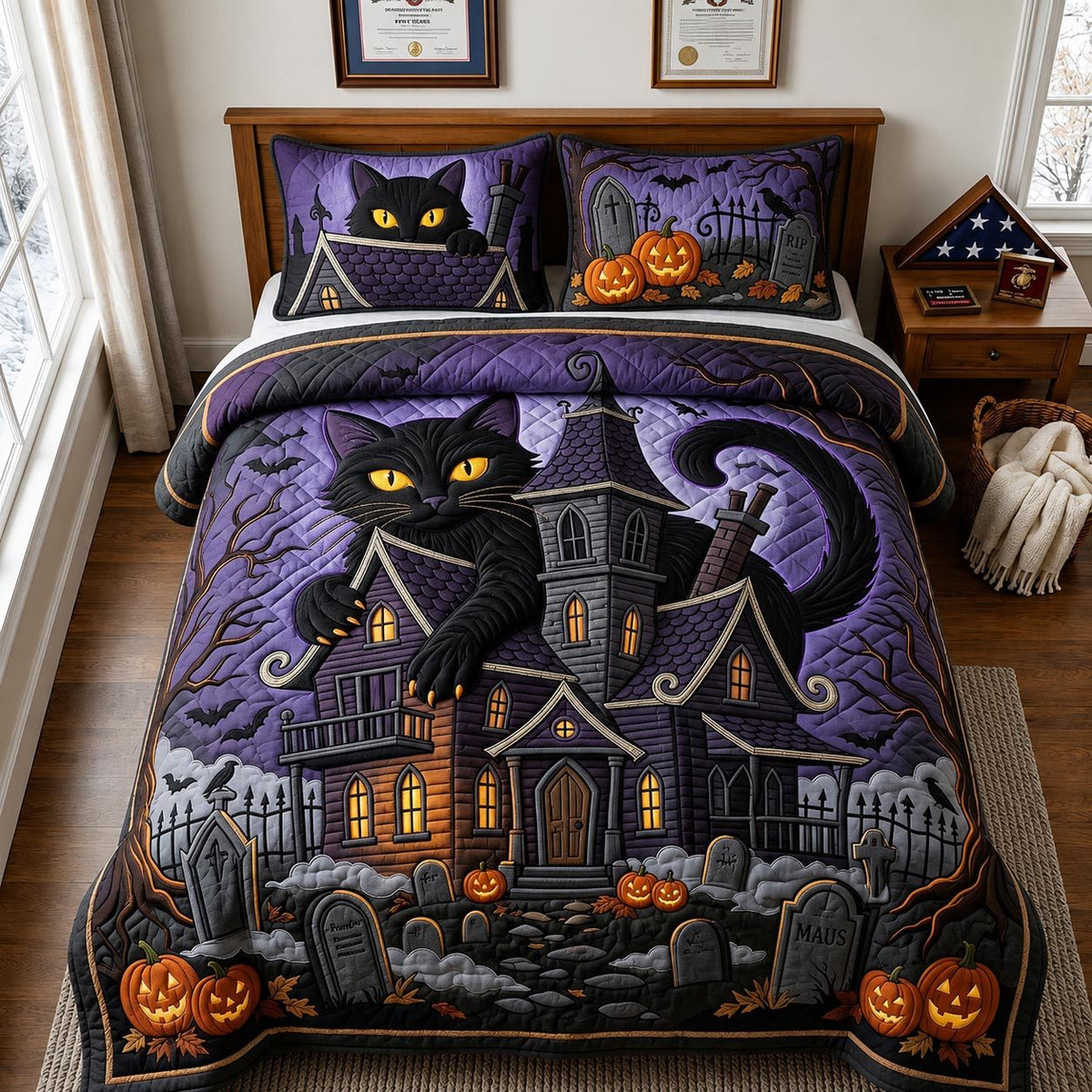 Haunted Cat quilted 3-piece bedding set on a made bed against a dark styled interior