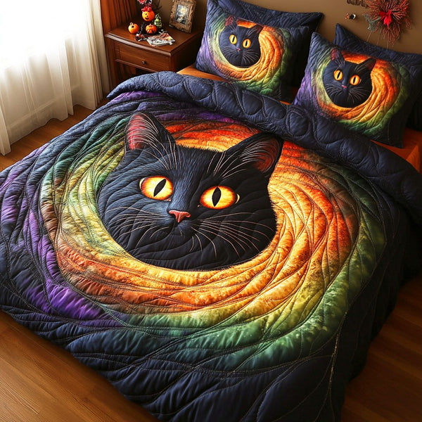 Haunted Cat quilted 3-piece bedding set on a made bed against a dark styled interior