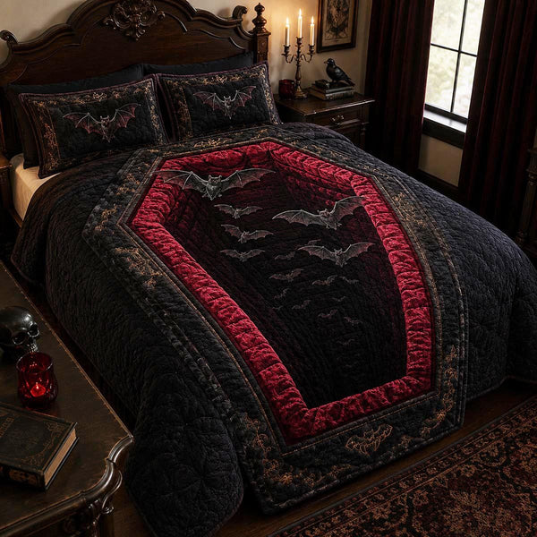 Haunted Coffin quilted 3-piece bedding set on a made bed against a dark styled interior