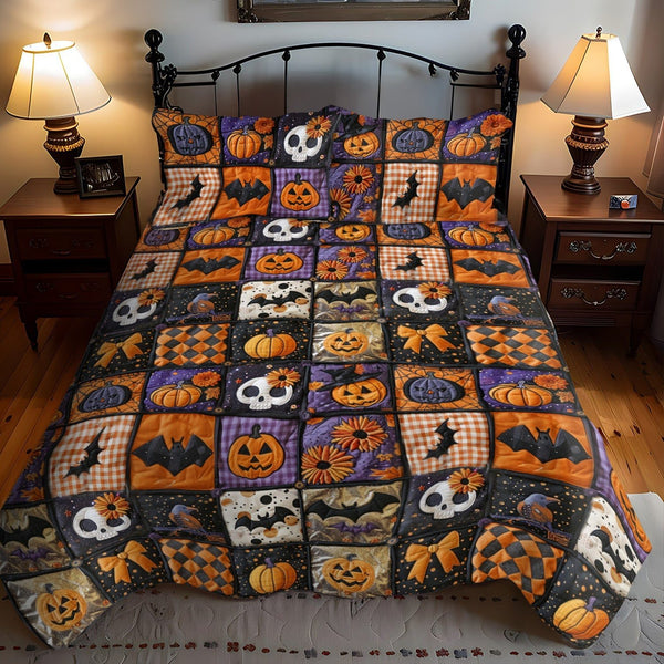 Haunted Dreams quilted 3-piece bedding set on a made bed against a dark styled interior