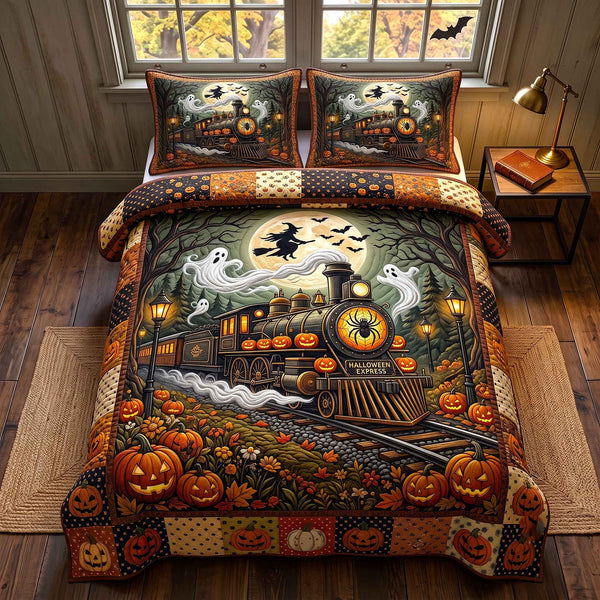Haunted Express quilted 3-piece bedding set on a made bed against a dark styled interior
