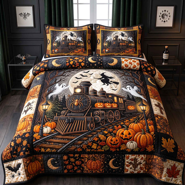Haunted Express quilted 3-piece bedding set on a made bed against a dark styled interior