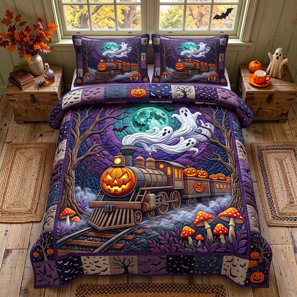 Haunted Express quilted 3-piece bedding set on a made bed against a dark styled interior