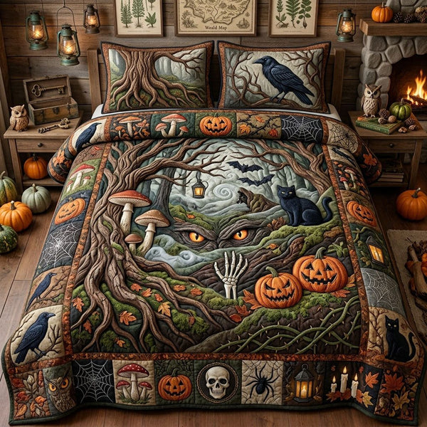Haunted Forest quilted 3-piece bedding set on a made bed against a dark styled interior