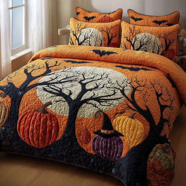 Haunted Forest quilted 3-piece bedding set on a made bed against a dark styled interior