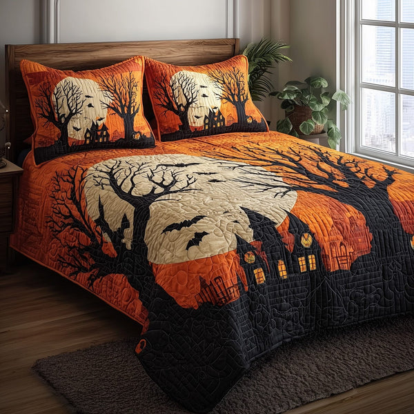 Haunted Forest quilted 3-piece bedding set on a made bed against a dark styled interior