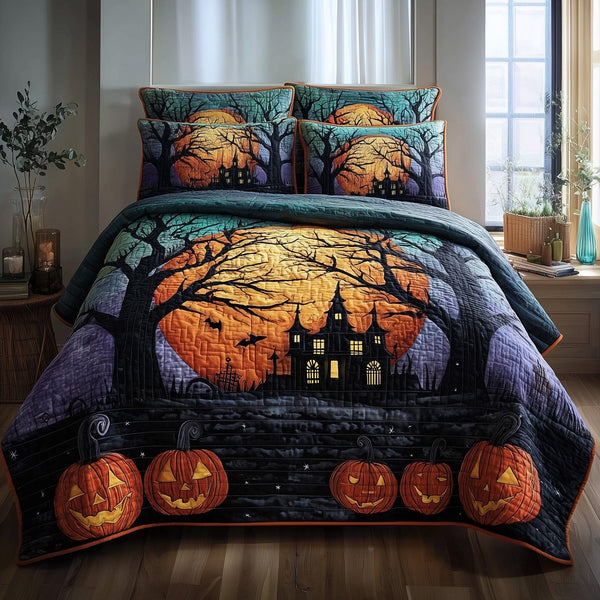 Haunted Forest quilted 3-piece bedding set on a made bed against a dark styled interior