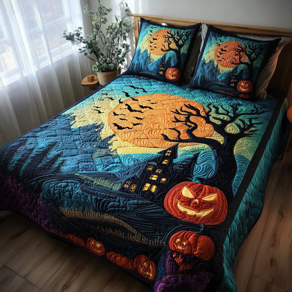 Haunted Forest quilted 3-piece bedding set on a made bed against a dark styled interior