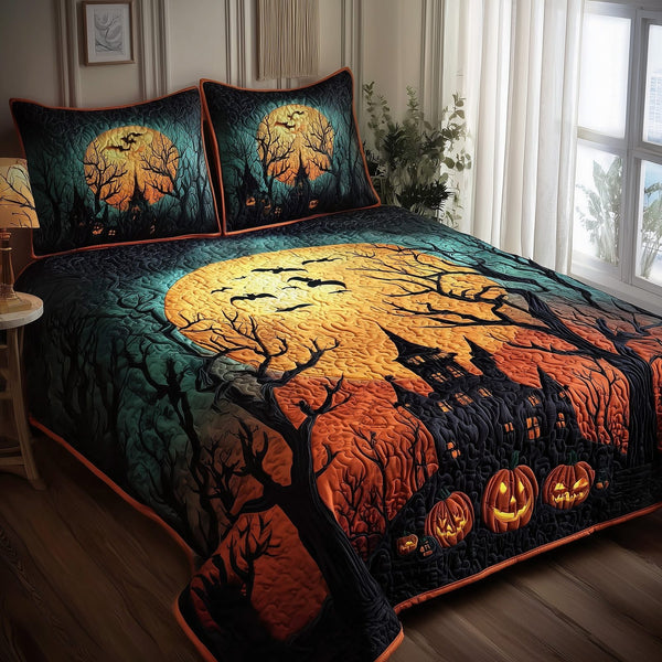 Haunted Forest quilted 3-piece bedding set on a made bed against a dark styled interior