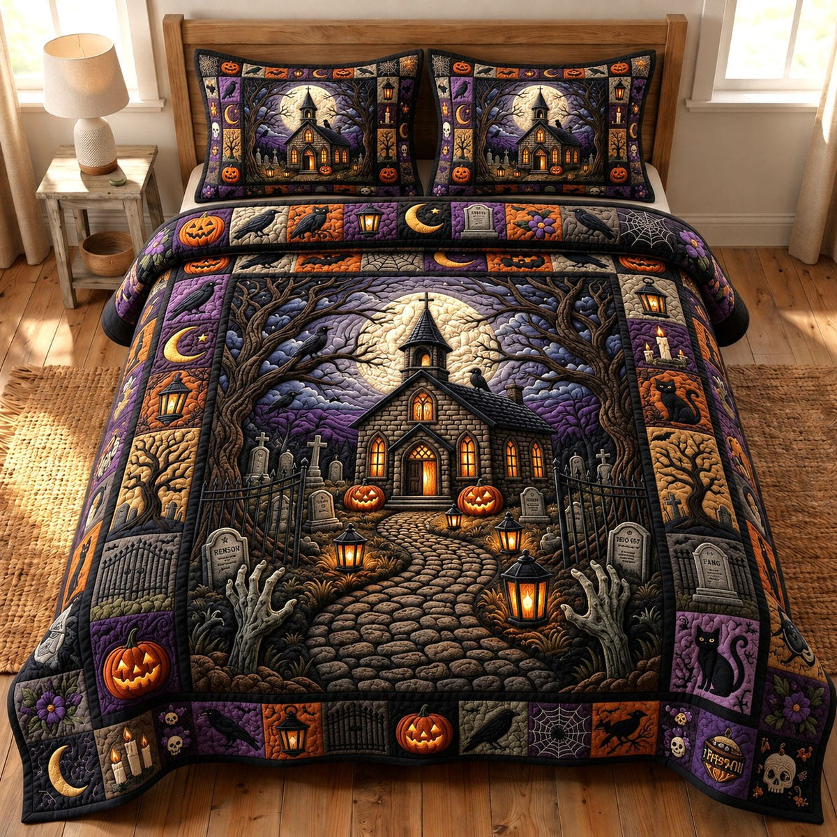 Haunted Halloween quilted 3-piece bedding set on a made bed against a dark styled interior