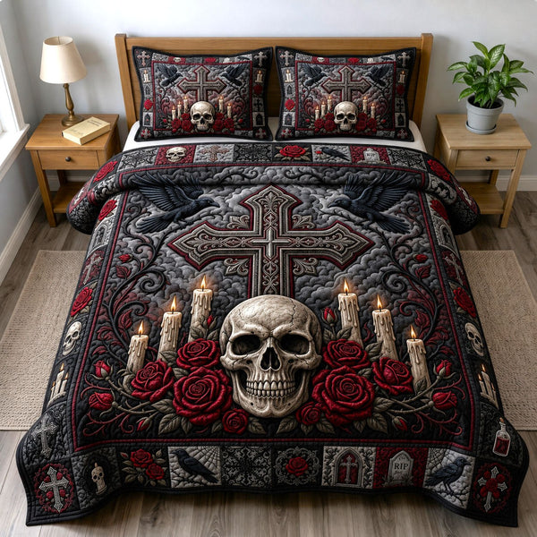 Haunted Halloween quilted 3-piece bedding set on a made bed against a dark styled interior