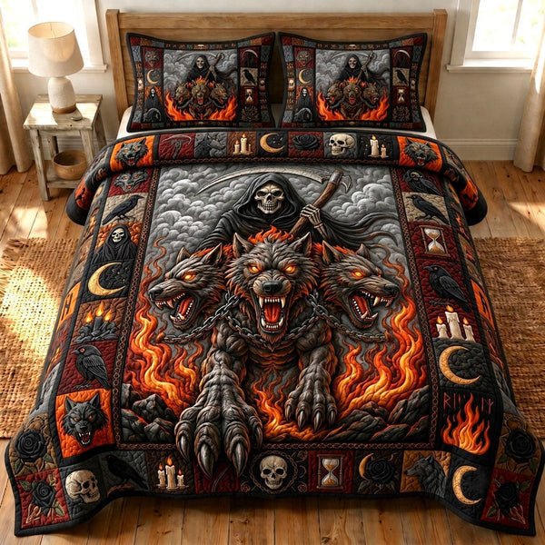 Haunted Halloween quilted 3-piece bedding set on a made bed against a dark styled interior