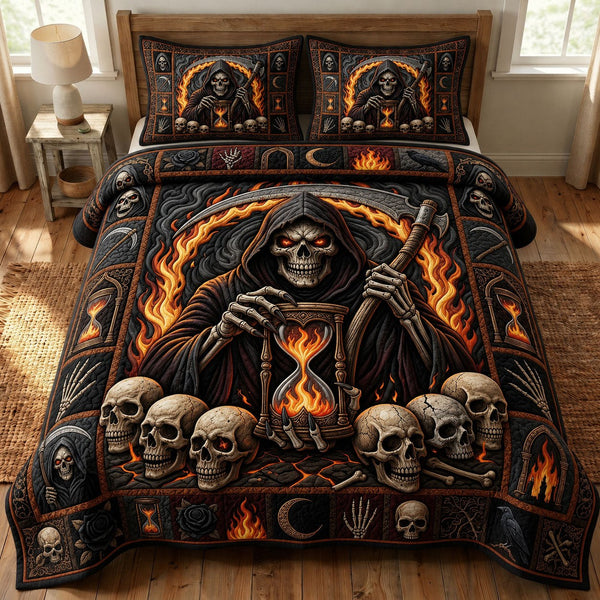 Haunted Halloween quilted 3-piece bedding set on a made bed against a dark styled interior