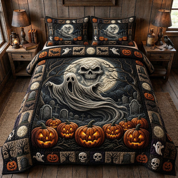 Haunted Halloween quilted 3-piece bedding set on a made bed against a dark styled interior