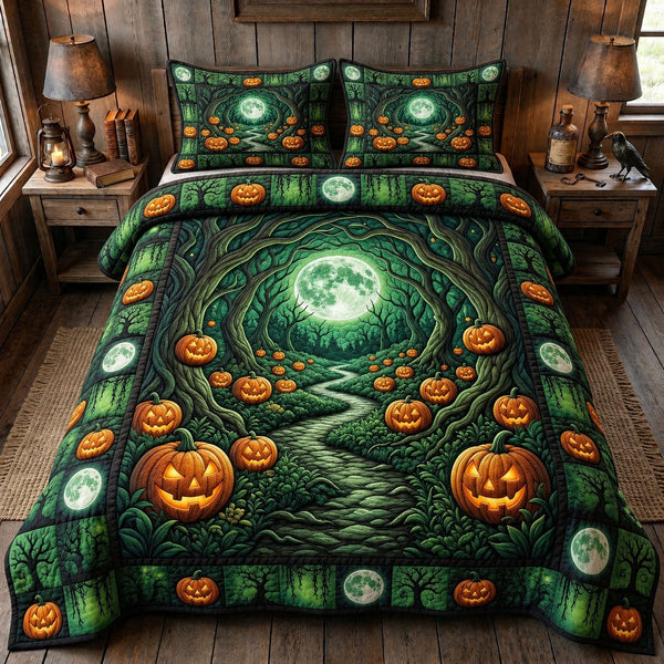 Haunted Halloween quilted 3-piece bedding set on a made bed against a dark styled interior