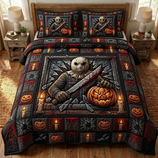 Haunted Halloween quilted 3-piece bedding set on a made bed against a dark styled interior