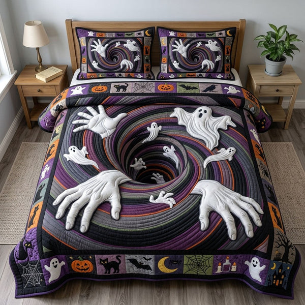 Haunted Halloween quilted 3-piece bedding set on a made bed against a dark styled interior