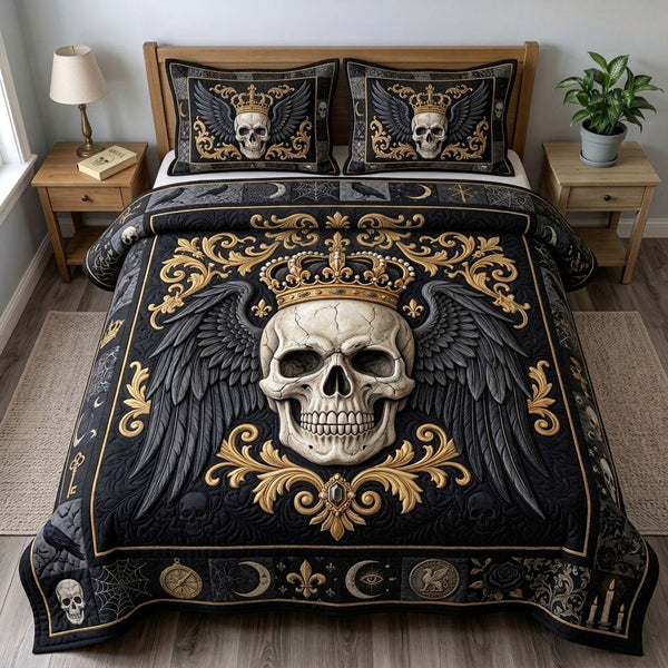 Haunted Halloween quilted 3-piece bedding set on a made bed against a dark styled interior