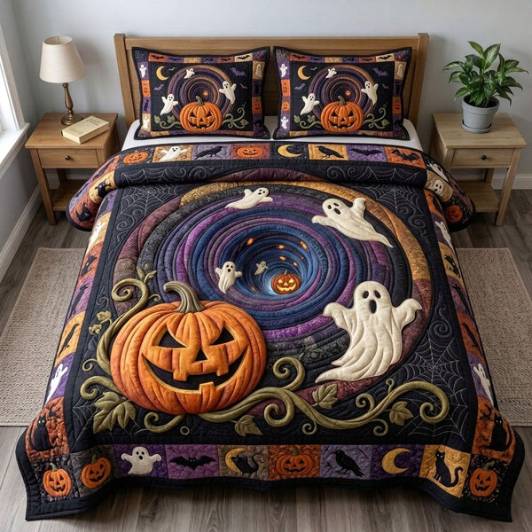 Haunted Halloween quilted 3-piece bedding set on a made bed against a dark styled interior