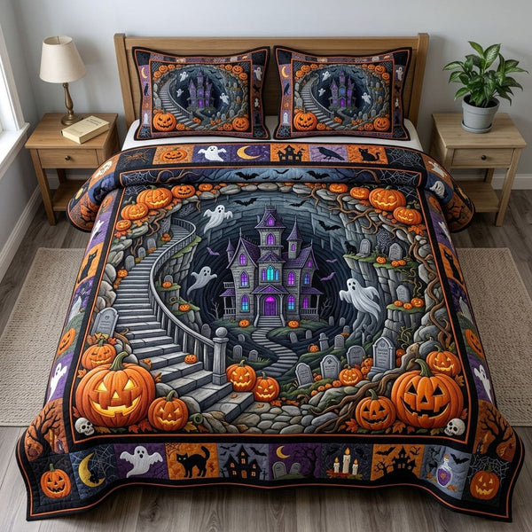 Haunted Halloween quilted 3-piece bedding set on a made bed against a dark styled interior