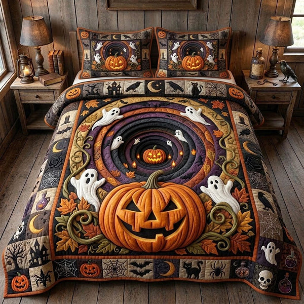 Haunted Halloween quilted 3-piece bedding set on a made bed against a dark styled interior