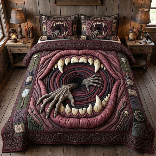 Haunted Halloween quilted 3-piece bedding set on a made bed against a dark styled interior