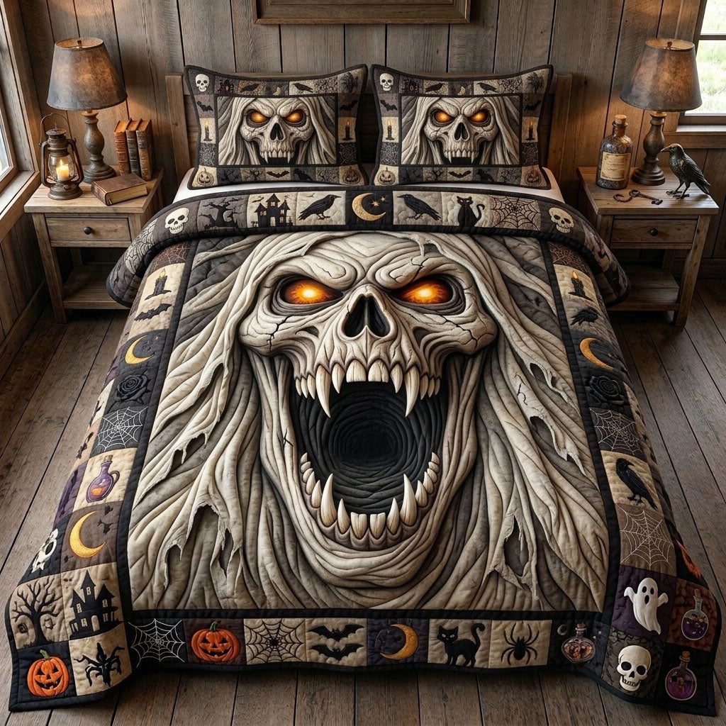 Haunted Halloween quilted 3-piece bedding set on a made bed against a dark styled interior