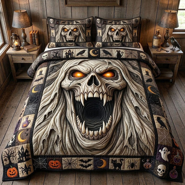 Haunted Halloween quilted 3-piece bedding set on a made bed against a dark styled interior